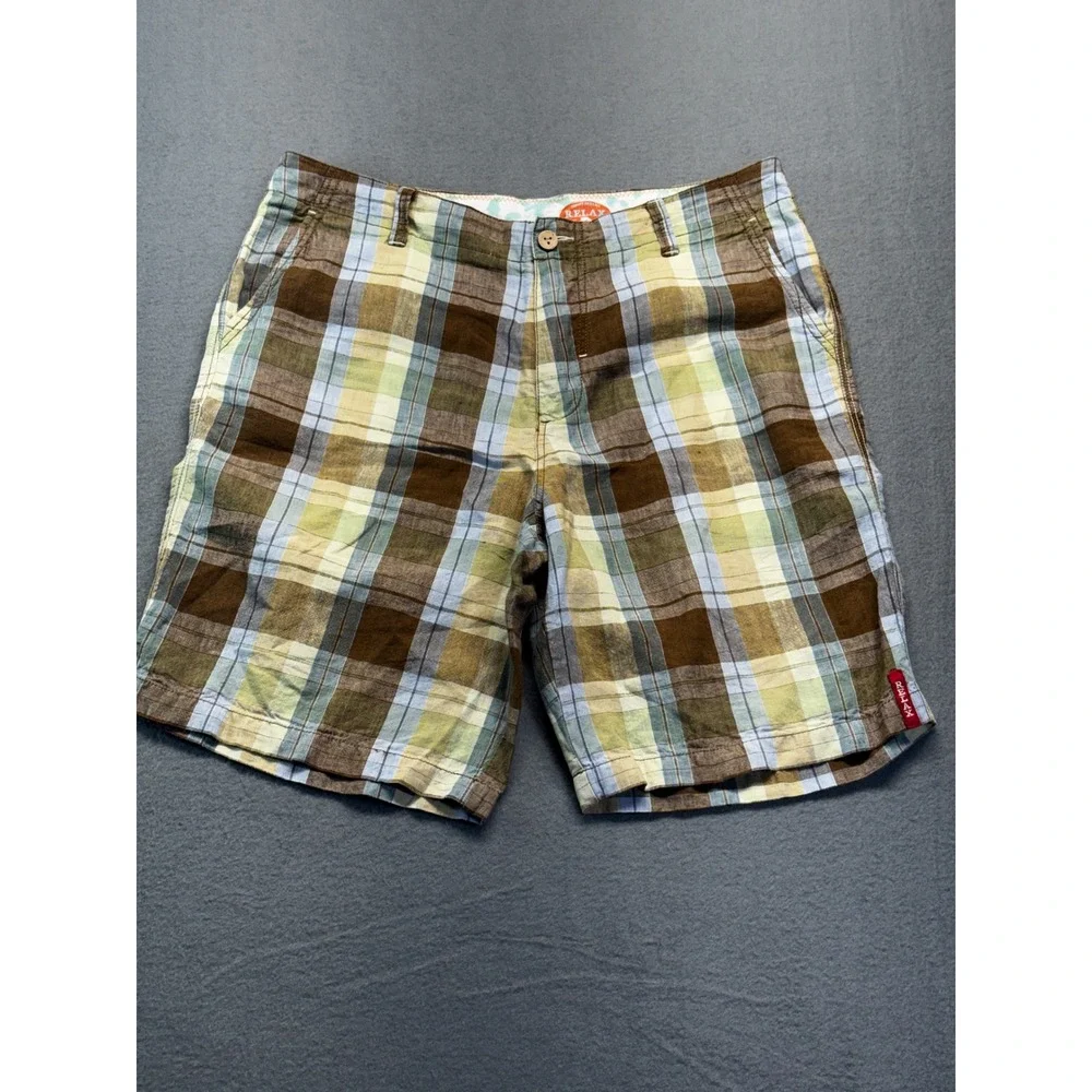 Tommy Bahama Relax Mens 35 Plaid Shorts 100% Linen Brown Blue‎ Green Summer